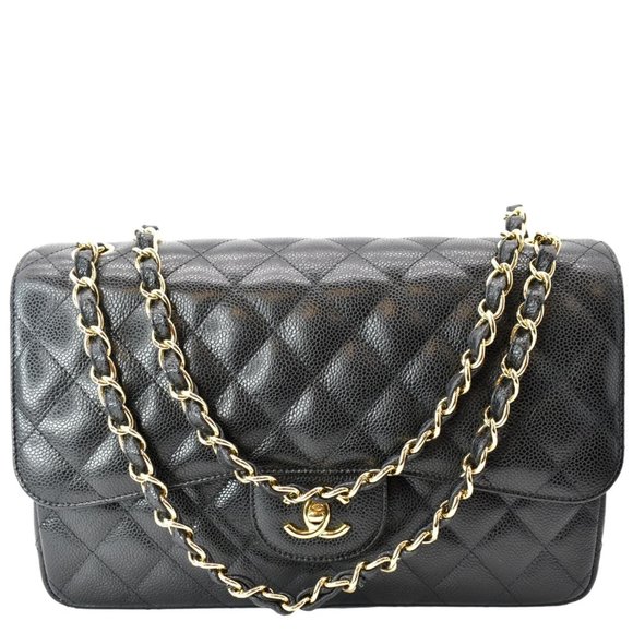 CHANEL Handbags - CHANEL  Classic Jumbo Double Flap Caviar Leather Shoulder Bag Black